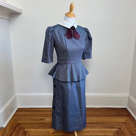 Vintage ACT 1 New York Peplum Pencil Midi Dress Puff Sleeves Collared with Tie 2 - Picture 6 of 16
